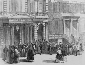 Engraving of a Crowd of spectators buying tickets for a Dickens reading at Steinway Hall, New York City in 1867