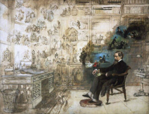 Charles Dickens surrounded by many of his characters.Buss, Robert William; Dickens's Dream; Charles Dickens Museum, London; http://www.artuk.org Charles Dickens was working on <em>The Mystery of Edwin Drood</em> when he had a fatal stroke/artworks/dickenss-dream-191221