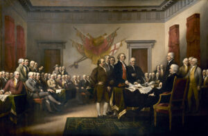 American Revolution: John Trumbull's painting, Declaration of Independence, depicting the five-man drafting committee of the Declaration of Independence presenting their work to the Congress. The painting can be found on the back of the U.S. $2 bill. The original hangs in the US Capitol rotunda. It does not represent a real ceremony; the characters portrayed were never in the same room at the same time.