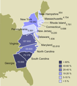 A map of the Thirteen Colonies in 1770, showing number of slaves in each colony and percentage of colony's total population held as slaves