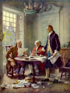 American Revolution Writing the Declaration of Independence, 1776, Jean Leon Gerome Ferris' idealized 1900 depiction of (left to right) Benjamin Franklin, John Adams, and Thomas Jefferson of the Committee of Five working on the Declaration.
