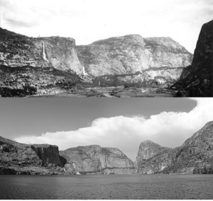 Top: Taken in the early 1900s before the O'Shaughnessy Dam was constructed, shows the Hetch Hetchy Valley and the Tuolumne River, looking east. Wapama Falls is on the left, Kolana Rock on the right. Bottom: A modern photo, taken from much the same vantage point, shows the submergence of the valley floor under the waters of the reservoir.